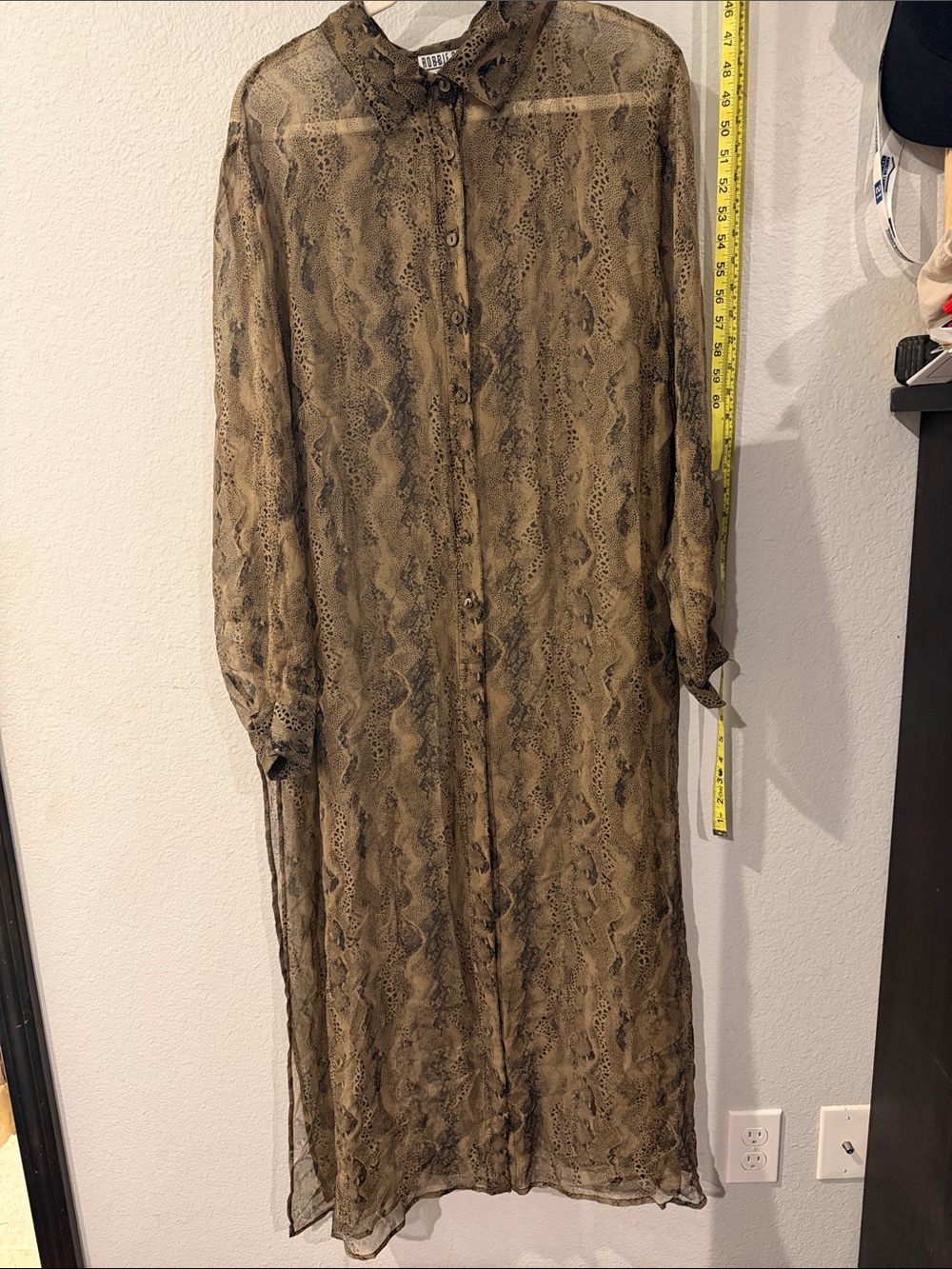 Robbie Bee Brown Snake-Print Sheer Silk Long Shirt Dress